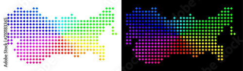 Spectral dot USSR map. Vector geographical map in bright spectral colors with circular gradient on white and black backgrounds. Dots have rhombic shape.