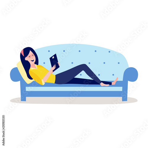 Online distant education concept with young woman, female student character lying at sofa holding tablet computer, reading or doing research smiling. Vector cartoon illustration