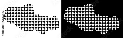 Vector rhombus dotted Tibet Chinese territory map. Abstract territory maps in black and white colors on white and black backgrounds. Tibet Chinese territory map designed of rhombic point mosaic.