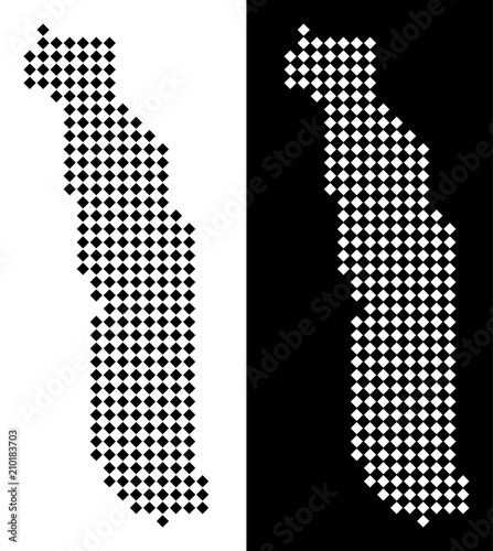 Vector rhombus pixel Togo map. Abstract territorial maps in black and white colors on white and black backgrounds. Togo map created of rhombic dot pattern.