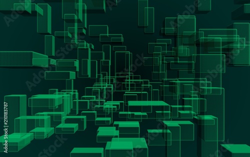 Green and dark abstract digital and technology background. The pattern with repeating rectangles. 3D illustration