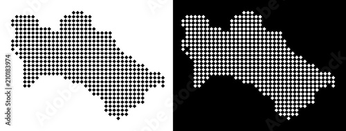 Vector rhombic dotted Turkmenistan map. Abstract geographical maps in black and white colors on white and black backgrounds. Turkmenistan map designed of rhombic item grid.