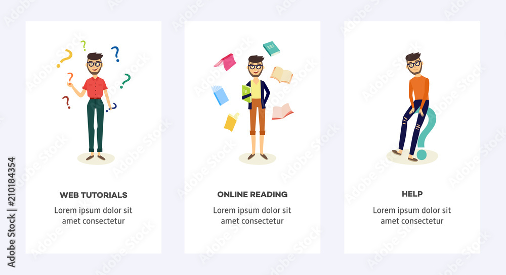 Young male characters in doubts, choosing and making decisions and students with books around poster set. Men in casual clothing, glasses standing, sitting with happy and sad face. Vector illustration