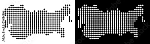 Vector rhombic pixel USSR map. Abstract geographical maps in black and white colors on white and black backgrounds. USSR map constructed of rhombic pixel array.