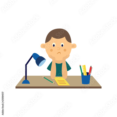 Flat sad boy kid studying sitting at table with pencils and notebook and lamp at desk. Unhappy teen male child student. School education concept. Vector illustration