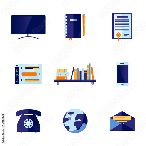 Office communication and technologies related icons set. Blue vintage dial rotary phone, flatscreen tv set, mail envelope, bookshelf amrtphone and earth planet symbol. Vector flat illustration.