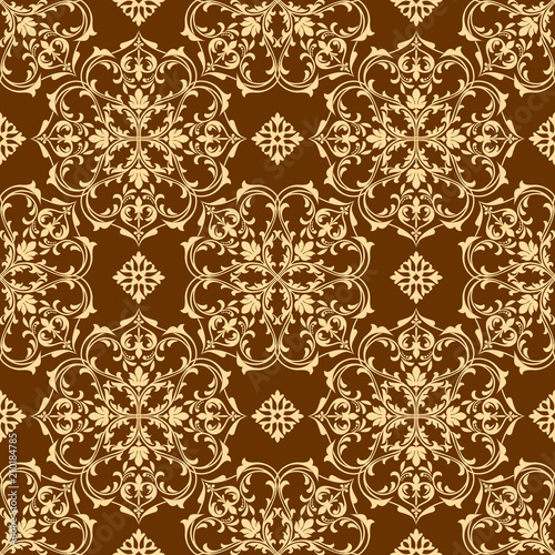 Wallpaper in the style of Baroque. A seamless vector background. Brown and gold floral ornament. Graphic pattern for fabric, wallpaper, packaging. Ornate Damask flower ornament