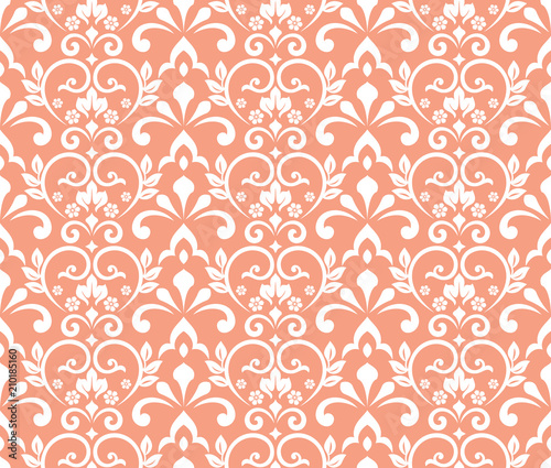 Wallpaper in the style of Baroque. A seamless vector background. White and pink floral ornament. Graphic pattern for fabric, wallpaper, packaging. Ornate Damask flower ornament