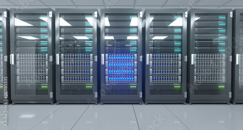 Big High Tech Server Data Center With Reflective Floor And A Lot Of Servers Artificial Intelligence Concept. 3D Rendering