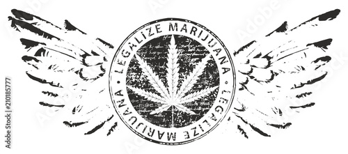 Vector banner for legalize marijuana with cannabis leaf and wings on white background. Natural product of organic hemp. Smoke weed. Black and white medical cannabis logo