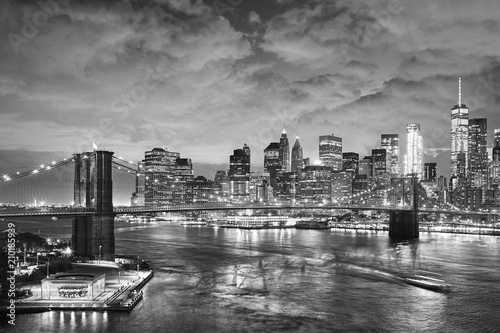 Black and white picture of New York cityscape at night  USA.