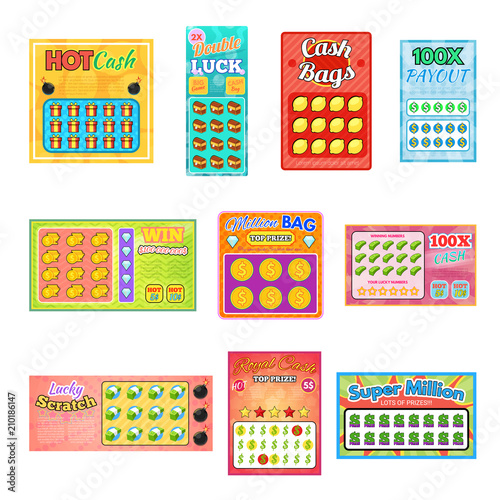 Lottery ticket vector lucky bingo card win chance lotto game jackpot set illustration lottery tickets isolated on white background