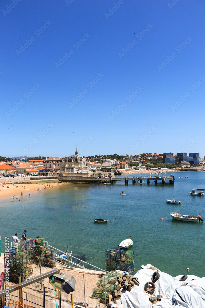 View of the beautiful Cascais bay. W|ith the town of Cascais in background in a summer day. Cascais, Portugal June 2018