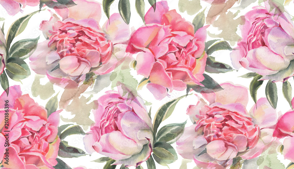 Seamless pattern with watercolor flowers.  Peonies