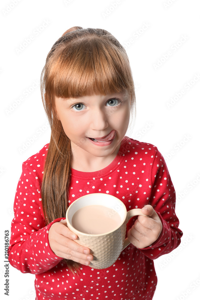 Cute little girl with cup of hot cocoa drink on white background Cute little girl with cup of hot cocoa drink on white background