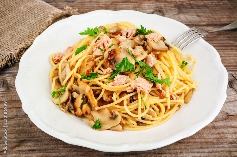 delicious pasta with tonno and mushrooms delicious pasta with tonno and mushrooms