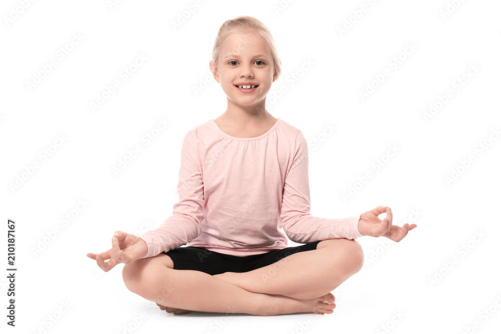 Little girl practicing yoga on white background Little girl practicing yoga on white background