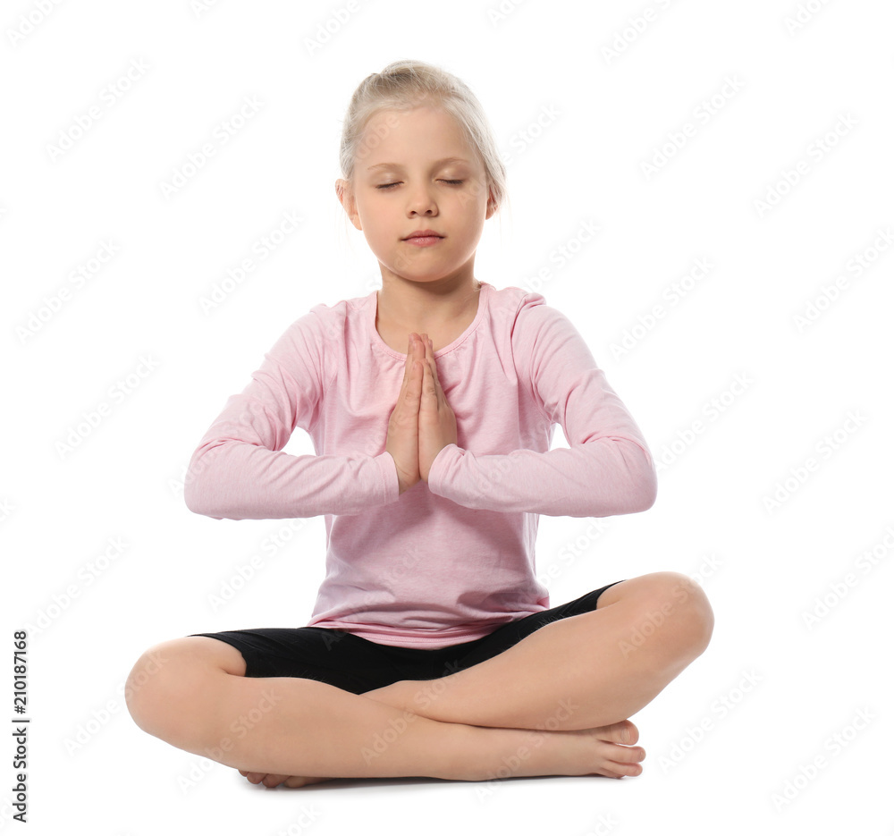 Little girl practicing yoga on white background Little girl practicing yoga on white background