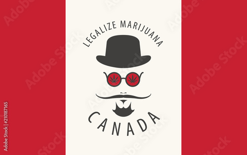 Vector banner for legalize marijuana with hipster portrait with mustache, hat and hemp leaves in round glasses on background of canadian flag. Natural product made from organic hemp. Smoking weed