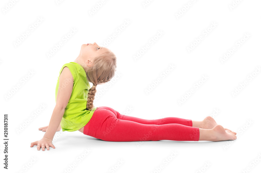 Little girl practicing yoga on white background Little girl practicing yoga on white background