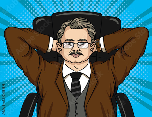 Vector comic style illustration of a boss sitting on chair in the office. Colorful portrait of a businessman in glasses relaxing