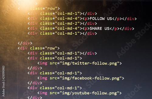 Fototapeta kuchenna HTML with Bootstrap code of sharing website elements for most popular social networks. Web development source code abstract screen. Shallow depth of field. Code is created by myself.