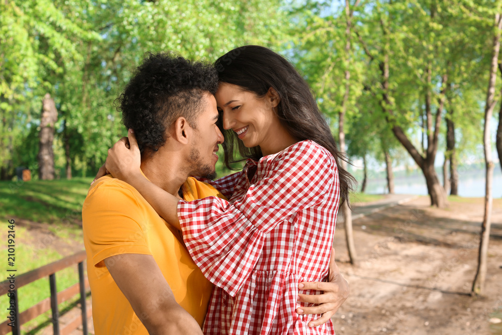 Fototapeta premium Happy African-American couple in park on spring day