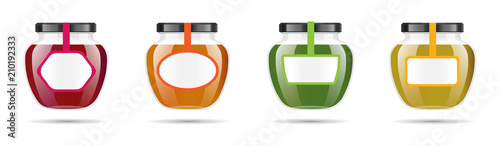 Realistic transparent glass jar with jam, confiture or sauce. Preserving packaging set. Label and logo for jam. Mock up jar with design label or badges. Vector illustrations. photo