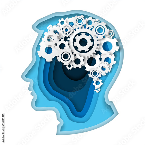 Head with gear brain paper art style thinking concept paper cut  blue color in head human vector