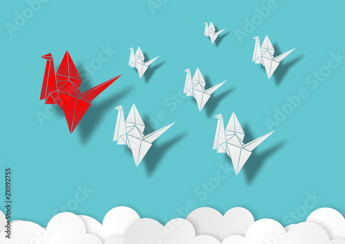 Paper art style leadership concept with origami red paper bird leading among white vector and illustration