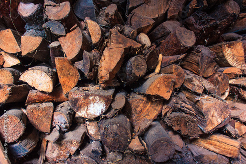 Preparation of firewood for the winter. firewood background, Stacks of firewood in the forest. Pile of firewood.