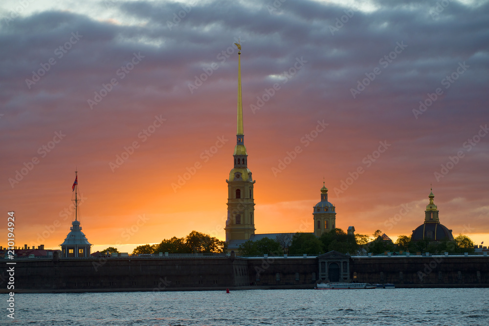 A cloudy sunset over the Peter and Paul Fortress. Saint-Petersburg, Russia