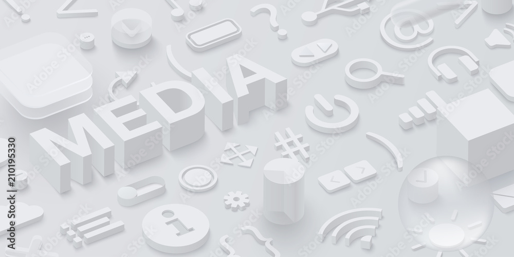 Grey 3d media background with web symbols. - obrazy, fototapety, plakaty 
