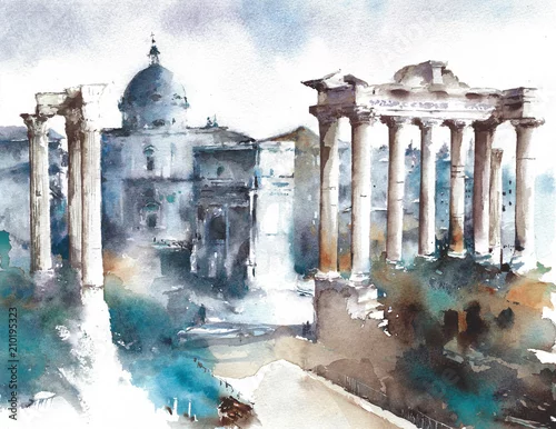 Obraz Włochy Rzym punkt zwrotny Forum antyczne budynki rujnuje akwarela malarstwo ilustracyjny podróży miejsce przeznaczenia