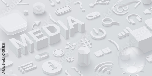 Grey 3d media background with web symbols. photo