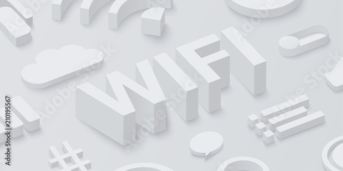 Grey 3d wifi background with web symbols.