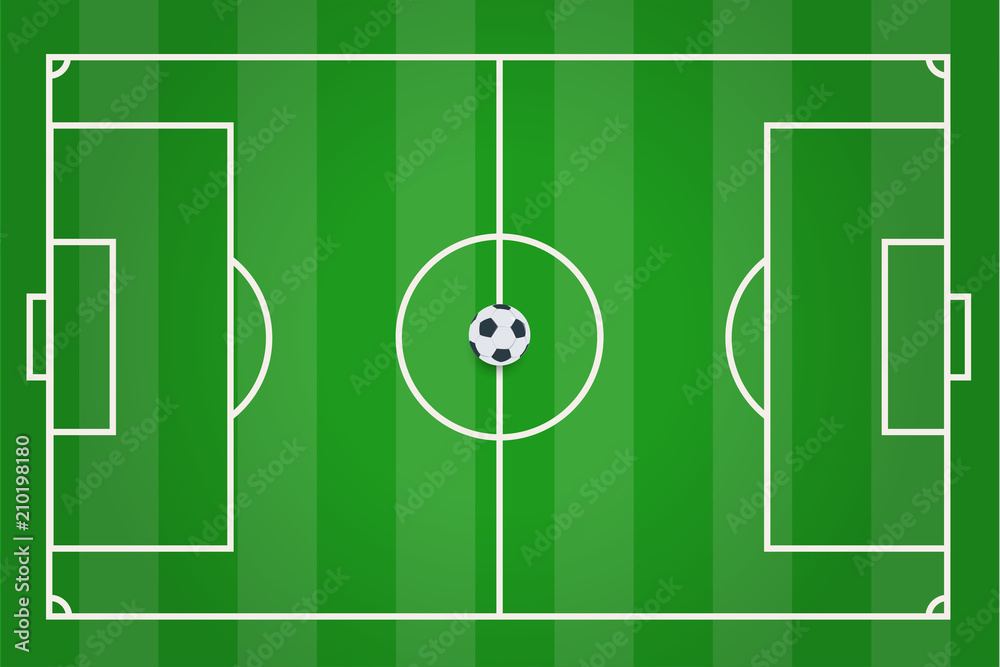 Top view of  green football field with ball in the center. Vector illustration