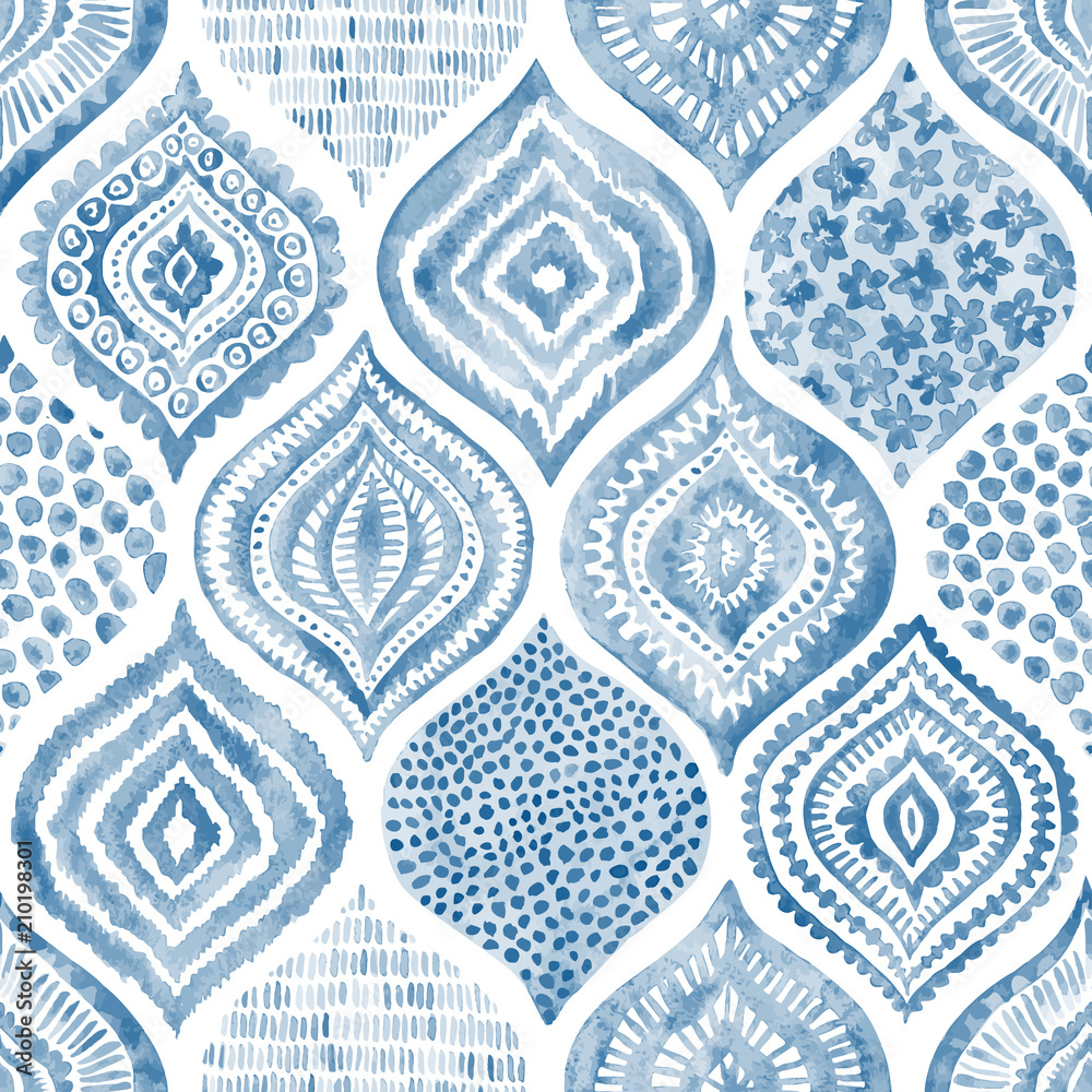 Fototapeta Seamless watercolor pattern. Vintage blue and white ornament. Textile print hand-drawn.