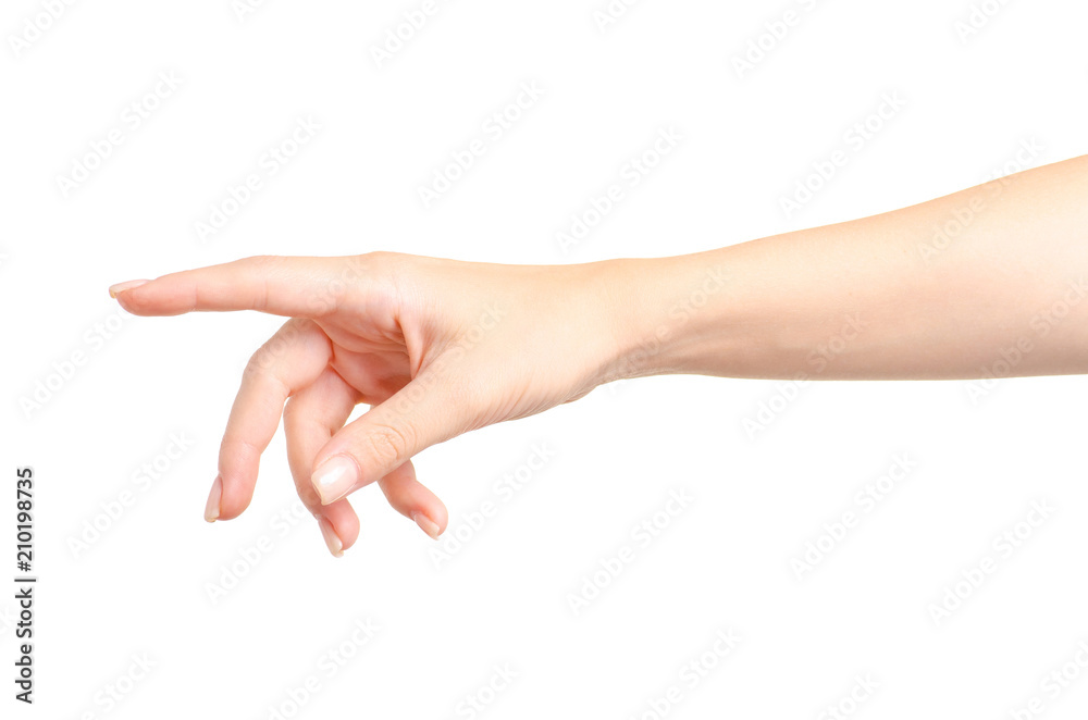 Female hand empty showing on white background isolation Female hand empty showing on white background isolation