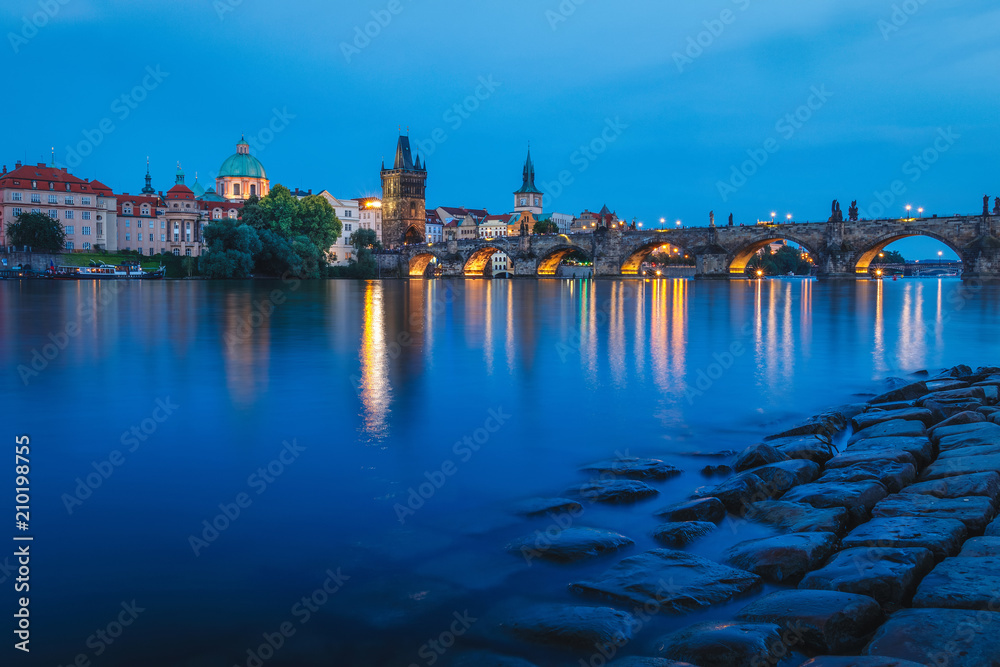 View of the River Vltava and Charles Bridge at Dusk Prague Czech Republic Europe