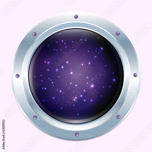 Round spaceship window with stars and dark cosmos behind. Pink wall. Stock vector