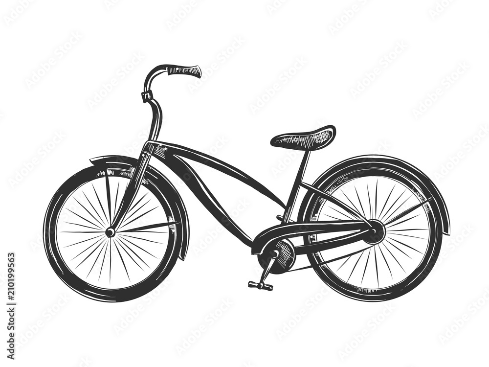 Vector engraved style illustration for posters, decoration and print. Hand drawn sketch of bicycle in monochrome isolated on white background. Detailed vintage woodcut style drawing.