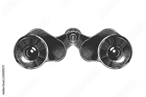 Vector engraved style illustration for posters, decoration and print. Hand drawn sketch of binoculars in monochrome isolated on white background. Detailed vintage woodcut style drawing.