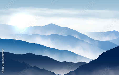 Vector blue beautiful foggy mountains with sun and clouds in the sky