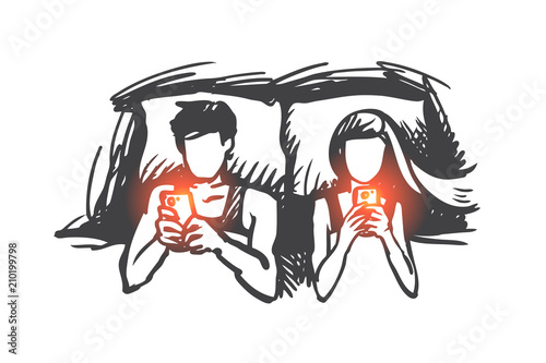 Couple, bed, smartphone, addicted concept. Hand drawn isolated vector.