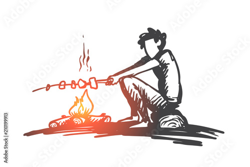 Boy, campfire, summer, rest, scout concept. Hand drawn isolated vector.