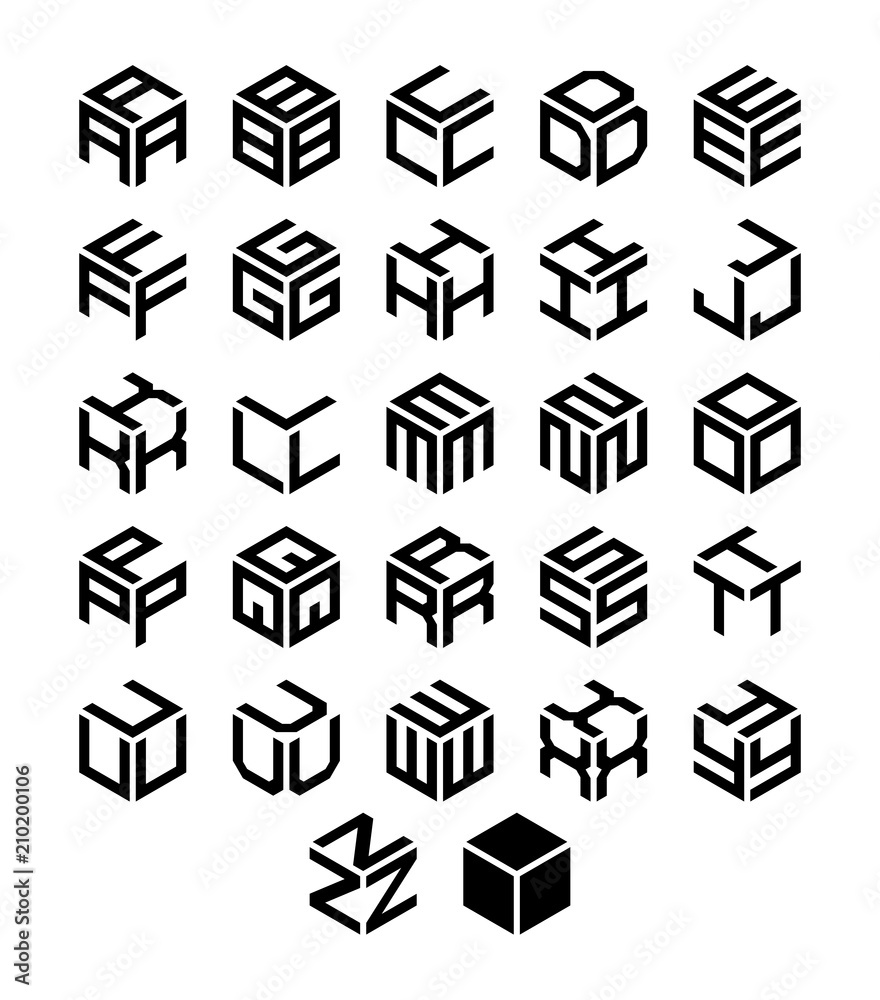 Cubic geometric alphabet set. Vector isometric logos. - obrazy, fototapety, plakaty 