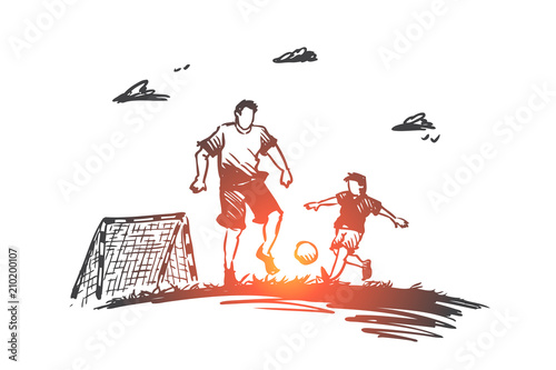 Father, football, son, play, parent concept. Hand drawn isolated vector.