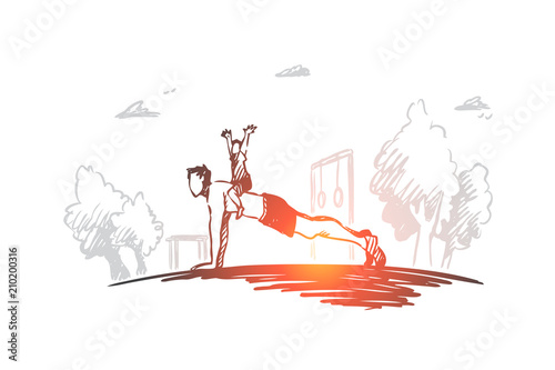 Family, activity, dad, child, pushup concept. Hand drawn isolated vector.