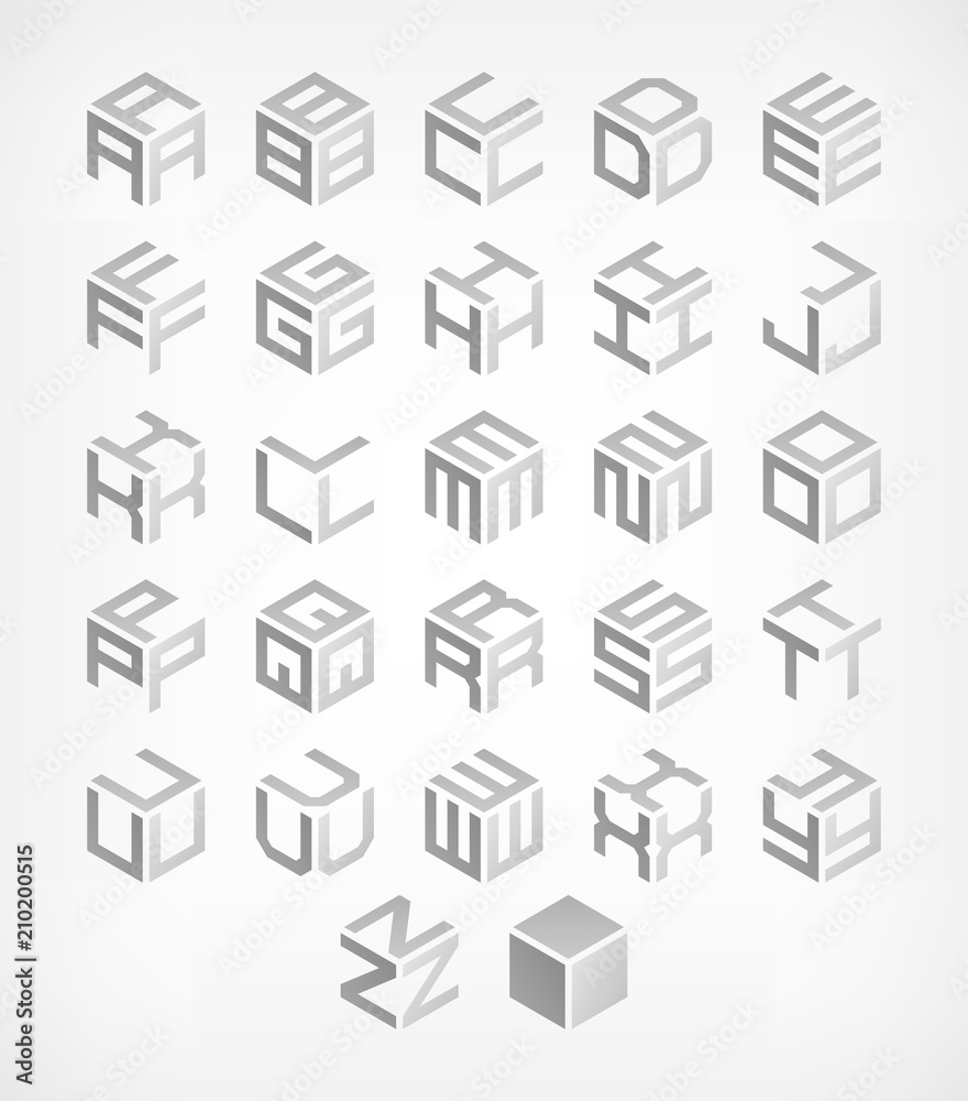 Cubic geometric alphabet set. Vector isometric logos.